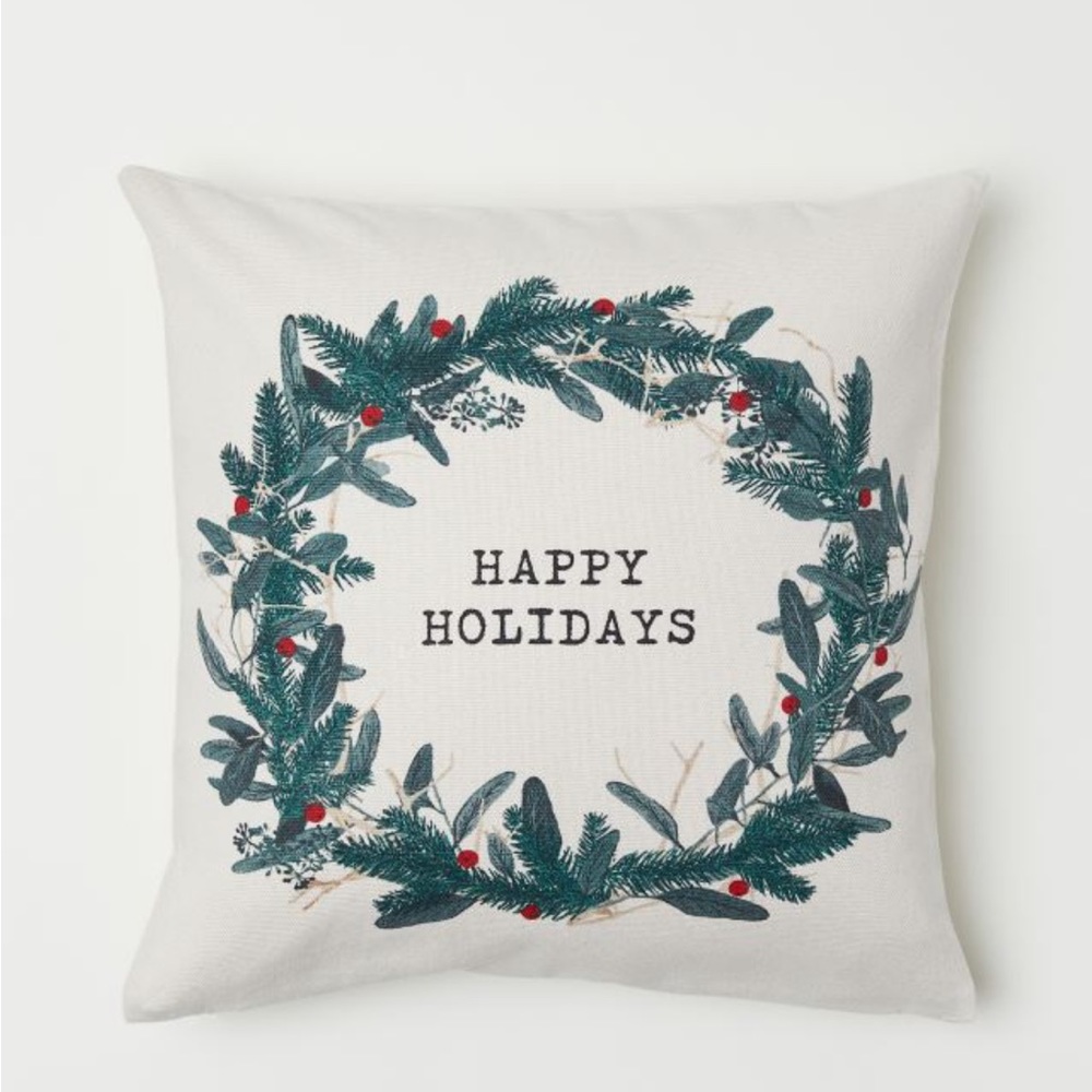 H&M Happy Holidays Pillow Cover 20x20 | Green Wreath Christmas Pillow Cover
